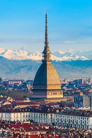 The Mole Antonelliana  aerial panoramic view, a major landmark building in Turin city, Piedmont region of Italyの写真素材