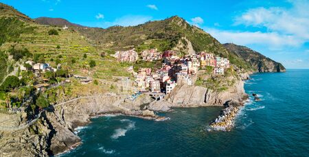 Manarola aerial panoramic view. Manarola is a small town in Cinque Terre national park, La Spezia...