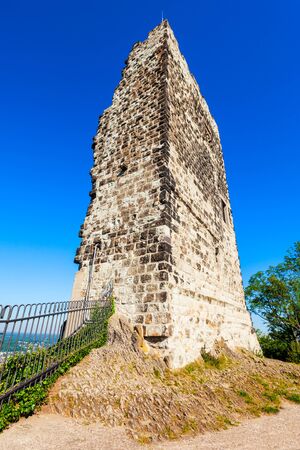 Burgruine Drachenfels is a ruined hill castle in Konigswinter on the Rhine river near Bonn in Germanyの写真素材