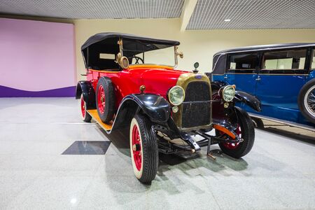 MOSCOW, RUSSIA - APRIL 06, 2019: Fiat Valencia 505 and Lorraine-Dietrich vintage cars at the free of...