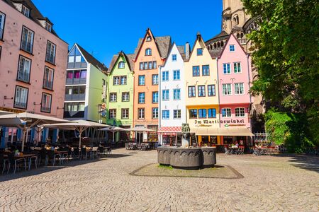 COLOGNE, GERMANY - JUNE 30, 2018: Colorful old houses at the Rhine embankment in the centre of Cologne city in Germanyのeditorial素材