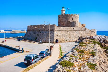 Saint Nicholas Fort at the Mandraki harbour in Rhodes city, capital of Rhodes island in Greece