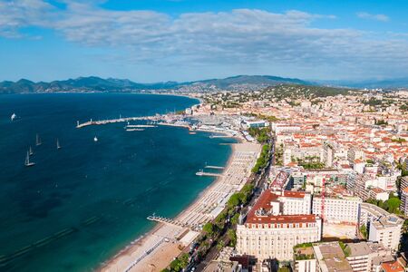 Cannes beach aerial panoramic view. Cannes is a city located on the French Riviera or Cote d'Azur in France.の写真素材