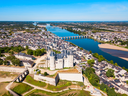 Chateau de Saumur castle aerial panoramic view in Saumur city, Loire valler in Franceのeditorial素材