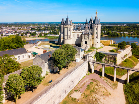 Chateau de Saumur castle aerial panoramic view in Saumur city, Loire valler in Franceのeditorial素材