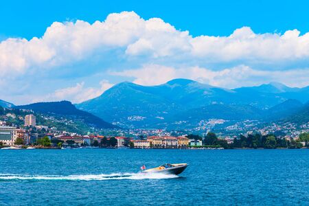 Lugano lake and Lugano city panoramic view in canton of Ticino in Switzerlandの写真素材