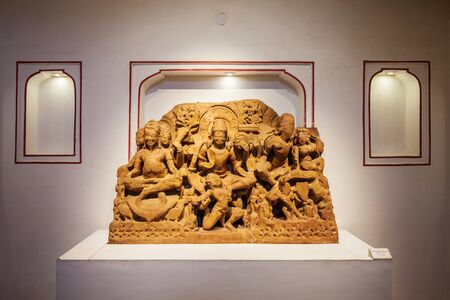 AJMER, INDIA - SEPTEMBER 25, 2019: Shiva and other hindu gods bas relief in the Ajmer Fort Government Museum in Ajmer city in Rajasthan state of Indiaのeditorial素材