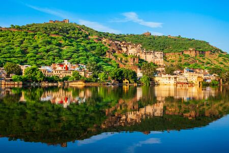 Bundi town and Nawal Sagar lake panoramic view in Rajasthan state in Indiaの写真素材