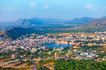 Pushkar town and lake aerial panoramic view in Rajasthan state of Indiaの写真素材