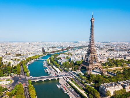 Eiffel Tower or Tour Eiffel aerial view, is a wrought iron lattice tower on the Champ de Mars in...