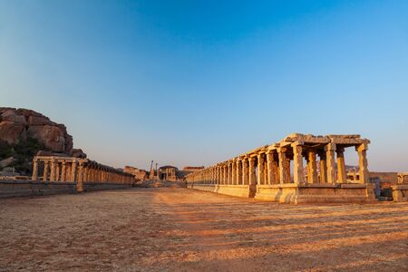 Market group monuments at Hampi was the centre of the Hindu Vijayanagara Empire in Karnataka state in Indiaの写真素材