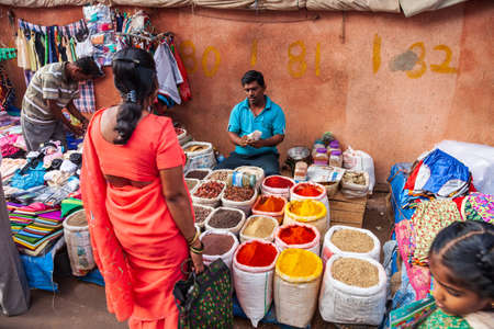 GOA, INDIA - APRIL 06, 2012: Bags with spices at the market in Goa in India