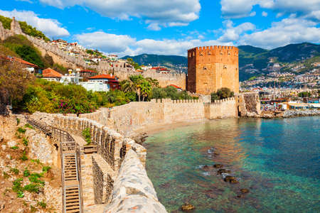 Kizil Kule Red Tower, Alanya castle and port aerial panoramic view in Alanya city, Antalya Province on the southern coast of Turkeyのeditorial素材