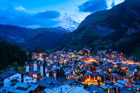 Zermatt town and Matterhorn mountain aerial panoramic view in the Valais canton of Switzerlandの写真素材