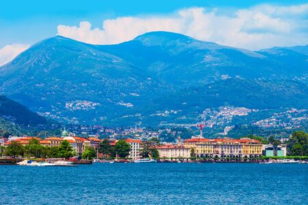 Lugano lake and Lugano city panoramic view in canton of Ticino in Switzerlandの写真素材