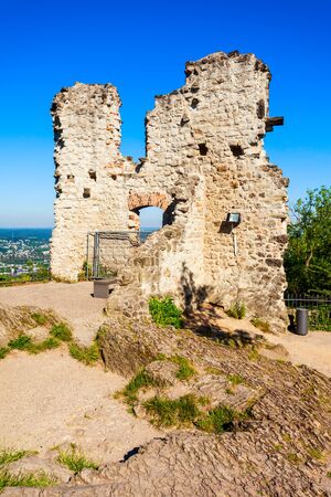 Burgruine Drachenfels is a ruined hill castle in Konigswinter on the Rhine river near Bonn in Germanyの写真素材