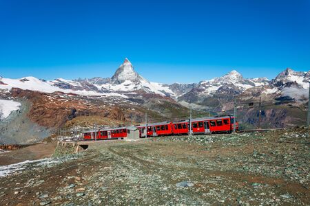 Train near the Gornergrat Bahn Railway, a mountain rack railway near Zermatt town in the Valais canton of Switzerlandの写真素材