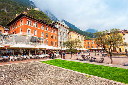 RIVA DEL GARDA, ITALY - APRIL 13, 2019: Riva del Garda central square. Riva is a town at the northern tip of the Lake Garda in the Trentino Alto Adige region in Italy.のeditorial素材