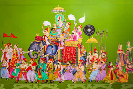 AJMER, INDIA - SEPTEMBER 25, 2019: Traditional Rajasthan painting with elephant in the Ajmer Fort museum in Ajmer city in Indiaのeditorial素材