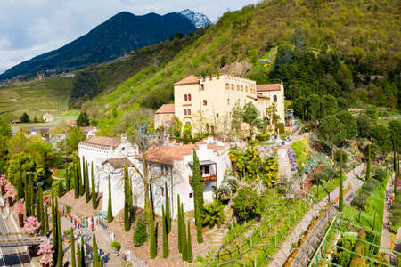 Aerial view of the Trauttmansdorff Castle Gardens, a botanical gardens located in Merano city in north Italyのeditorial素材
