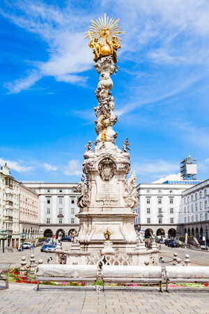 Holy Trinity column on the Hauptplatz or main square in the centre of Linz, Austria. Linz is the third largest city of Austria.の写真素材