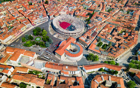 Verona Arena aerial panoramic view. Arena is a Roman amphitheatre in Piazza Bra square in Verona, Italyのeditorial素材