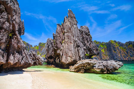 Landscape of the beautiful mountain cliff in the sea, El Nido province in Palawan island in Philippinesの写真素材