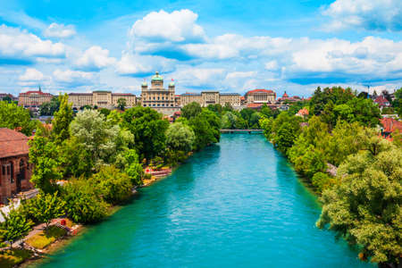 The Federal Palace or Bundeshaus is the building housing the Swiss Federal Assembly and Council in Bern city in Switzerlandの写真素材