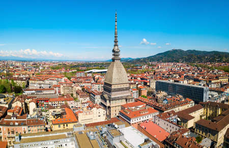 The Mole Antonelliana aerial panoramic view, a major landmark building in Turin city, Piedmont...