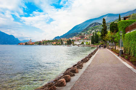 Malcesine old town on the shore of Lake Garda in Verona province, Italyの写真素材