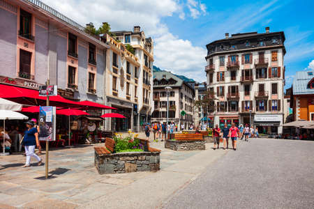 CHAMONIX, FRANCE - JULY 18, 2019: Chamonix Mont Blanc city centre, it is a commune and town in south eastern France.のeditorial素材