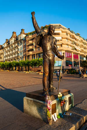 MONTREAUX, SWITZERLAND - JULY 19, 2019: Freddie Mercury statue on Lake Geneva in Montreux town in Switzerland. Freddie Mercury was a vocalist of the rock band Queen.のeditorial素材