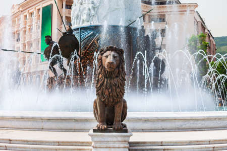 Lion statue and fountain in the centre of Macedonia Square in Skopje city, North Macedoniaの写真素材
