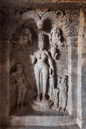 Relief carvings at Kailasa or Kailash Temple at the Ellora Caves in Maharashtra, India