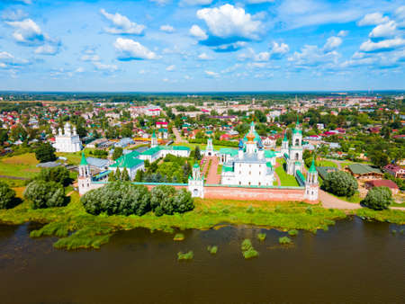 Spaso-Yakovlevsky Monastery or Monastery of St. Jacob Saviour and Lake Nero aerial panoramic view in Rostov Veliky city in Yaroslavl Oblast, Russiaの写真素材