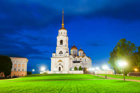 Dormition or Holy Assumption Cathedral in Vladimir city, Golden Ring of Russia at nightの写真素材