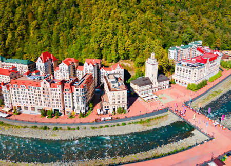 Rosa Khutor aerial panoramic view. Rosa Khutor is an alpine ski resort located near Krasnaya Polyana...
