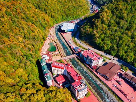 Rosa Khutor village aerial panoramic view. Rosa Khutor is an alpine ski resort located near Krasnaya...