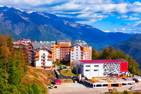 Buildings in Rosa Plateau mountain village. Rose Plateau and Roza Khutor are alpine ski resorts near...