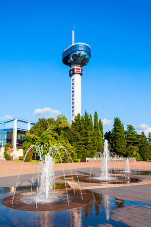 Tuapse, Russia - October 03, 2020: Rosmorport control tower centre of Tuapse sea port at central square of Tuapse resort town located on the Black Sea shore in Russiaのeditorial素材