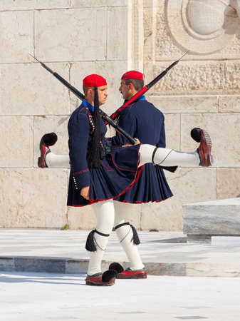 ATHENS, GREECE - OCTOBER 20, 2016: Evzone or Evzoni guarding the Tomb of the Unknown Soldier at the...