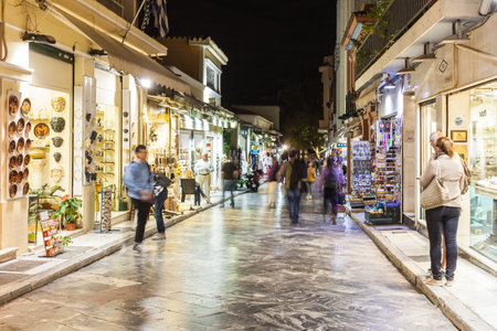 ATHENS, GREECE - OCTOBER 20, 2016: Pedestrian souvenir market street in Plaka region. Plaka is the old historical neighborhood of Athens in Greece.のeditorial素材