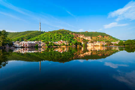 Bundi town and Nawal Sagar lake panoramic view in Rajasthan state in Indiaの写真素材