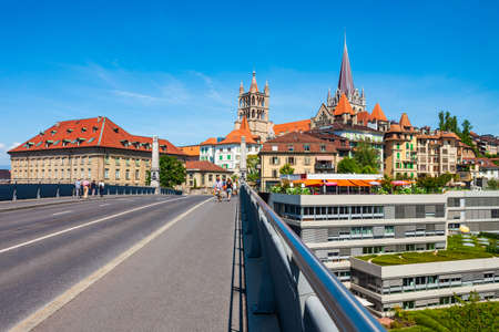 Pont Charles Bessieres bridge and Cathedral of Notre Dame of Lausanne, a church located in the city of Lausanne in the canton of Vaud in Switzerlandの写真素材