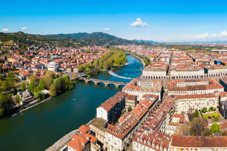 The Po river aerial panoramic view in the centre of Turin city, Piedmont region of Italyの写真素材