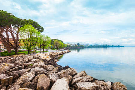 Desenzano del Garda harbor aerial panoramic view. Desenzano is a town on the shore of Lake Garda in the Brescia province in Lombardy, Italy.の写真素材