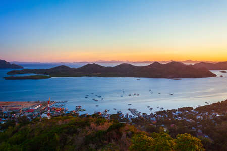 Coron town aerial panoramic view at sunset, Busuanga island in Palawan province in Philippinesの写真素材
