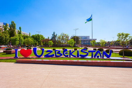 Tashkent, Uzbekistan - April 11, 2021: Volumetric inscription I love Uzbekistan at the Bunyodkor or Friendship of Peoples square in Tashkent city, Uzbekistanのeditorial素材