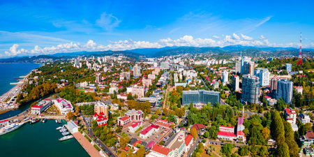 Sochi city centre aerial panoramic view. Sochi is the resort city along the Black Sea in Russia.の写真素材
