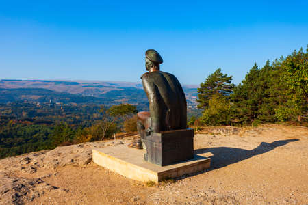 Kislovodsk, Russia - September 29, 2020: Mikhail Lermontov Monument at Krasnoye Solnyshko mountain viewpoint in Kislovodsk National Park in Russiaのeditorial素材